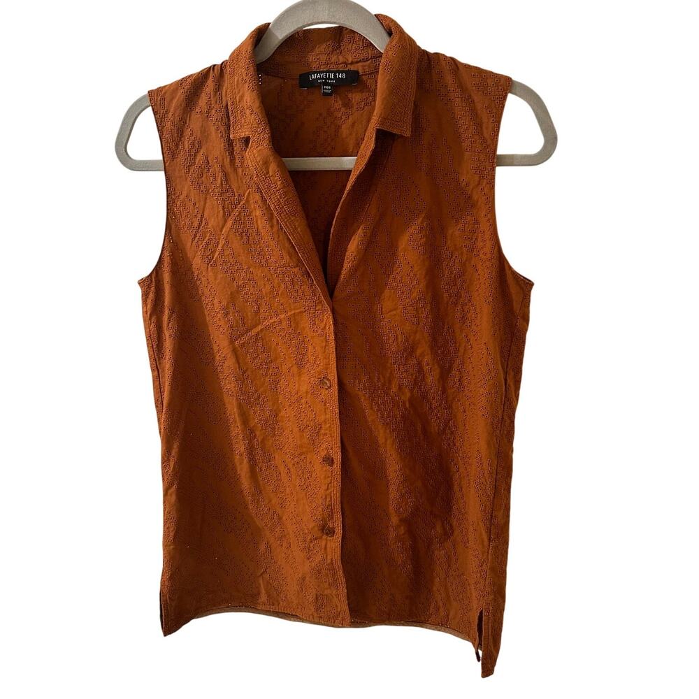 Lafayette 148 Embroidered Floral Silk Sleeveless Button Front Top, Ochre, M